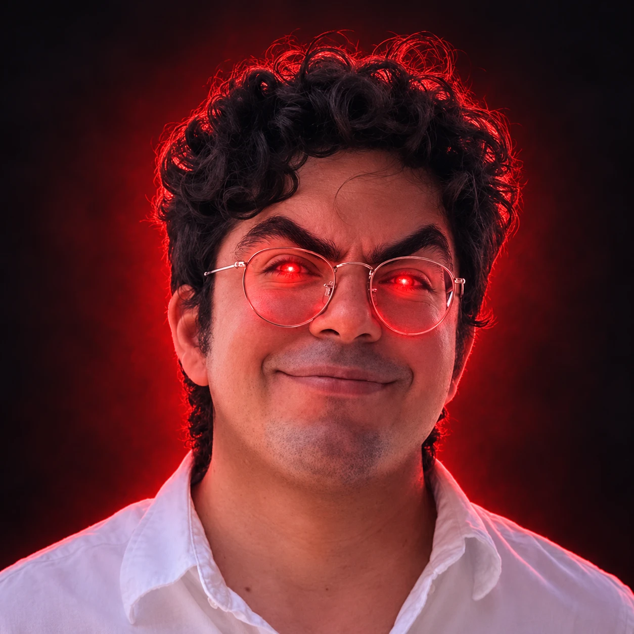 Ramin with a mischievous smile, exaggerated eyebrows and glowing red eyes, ready to roast your landing page.